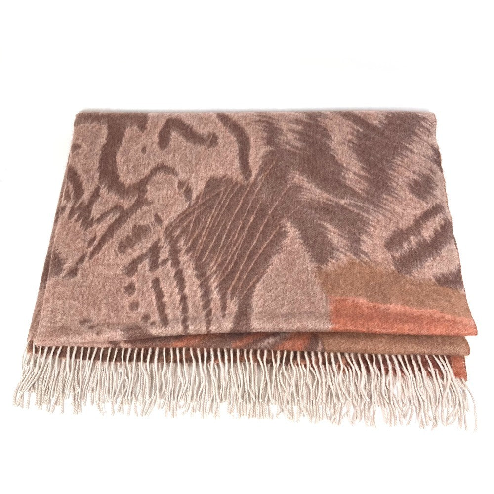 HERMES Tiger Animal Fringe Plaid Blanket, Cashmere, Unisex, Brown