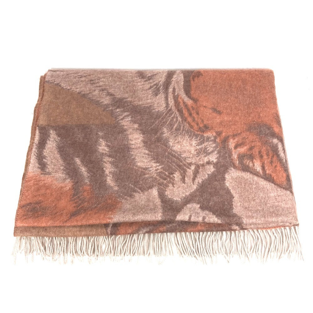 HERMES Tiger Animal Fringe Plaid Blanket, Cashmere, Unisex, Brown