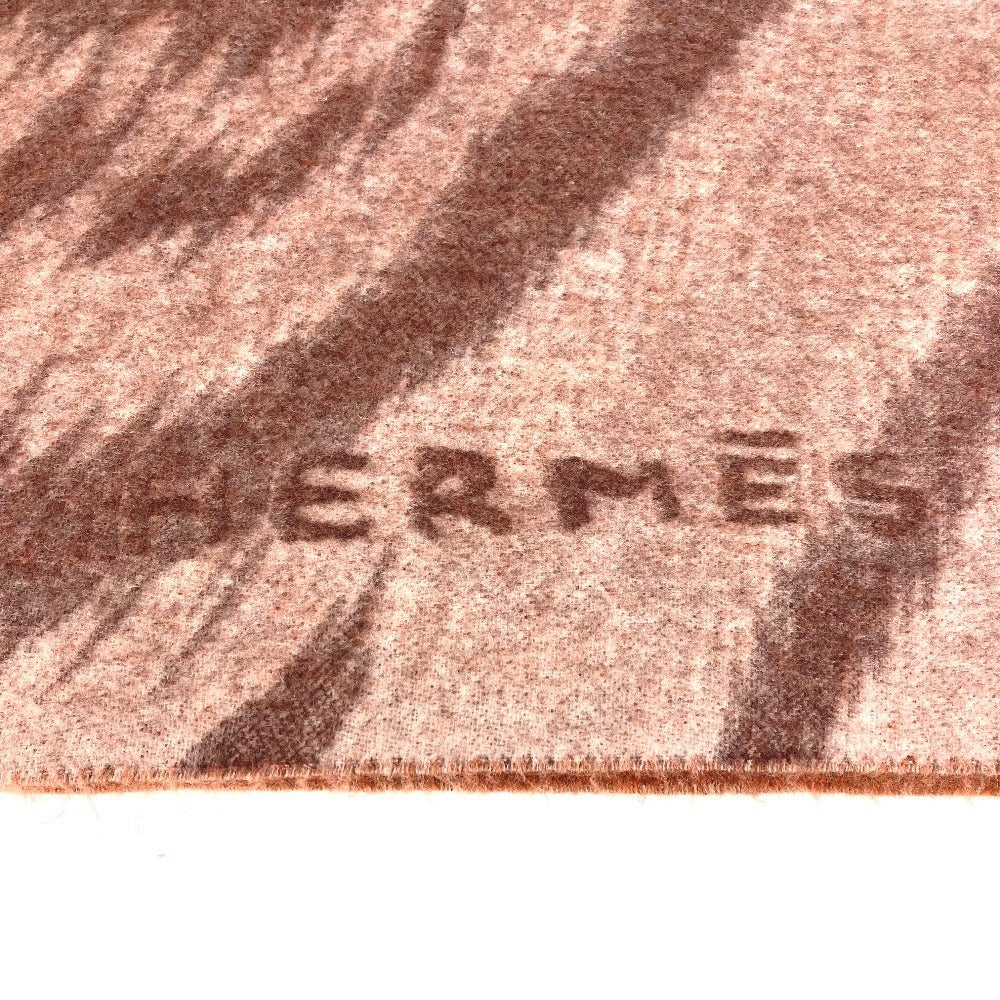 HERMES Tiger Animal Fringe Plaid Blanket, Cashmere, Unisex, Brown