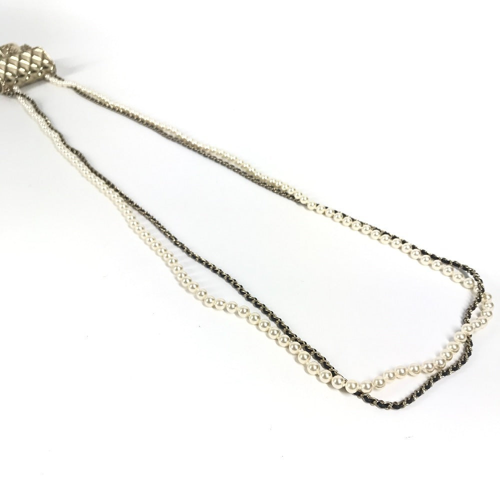 CHANEL B21S CC Coco Mark Matelasse Bag Chain with Faux Pearl Long Necklace, Metallic, Gold, Women's