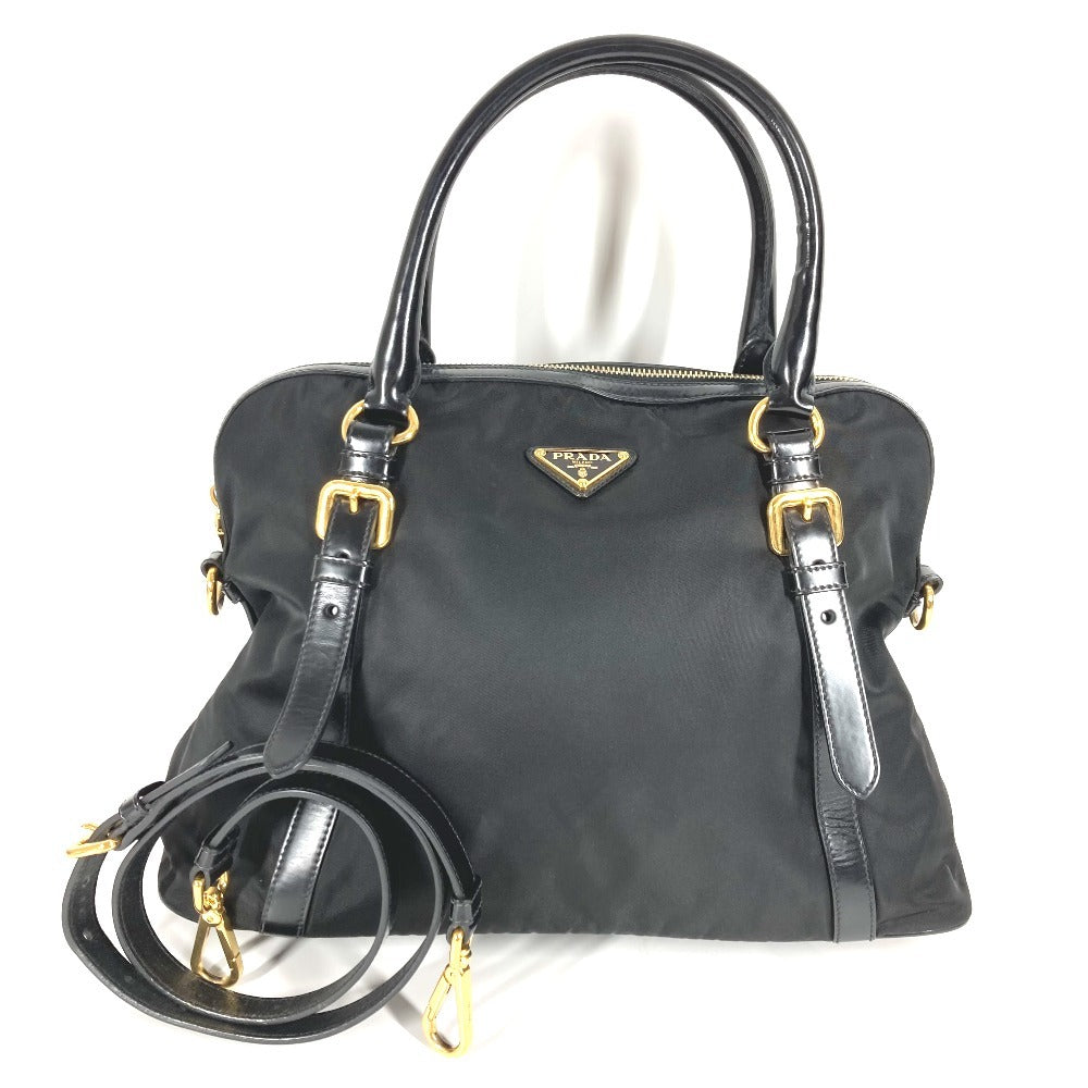 PRADA 1BB01 2-Way Handbag/Tote Bag with Triangle Logo and Plaque, Crossbody/Shoulder Bag, Leather/Nylon, Unisex, Black