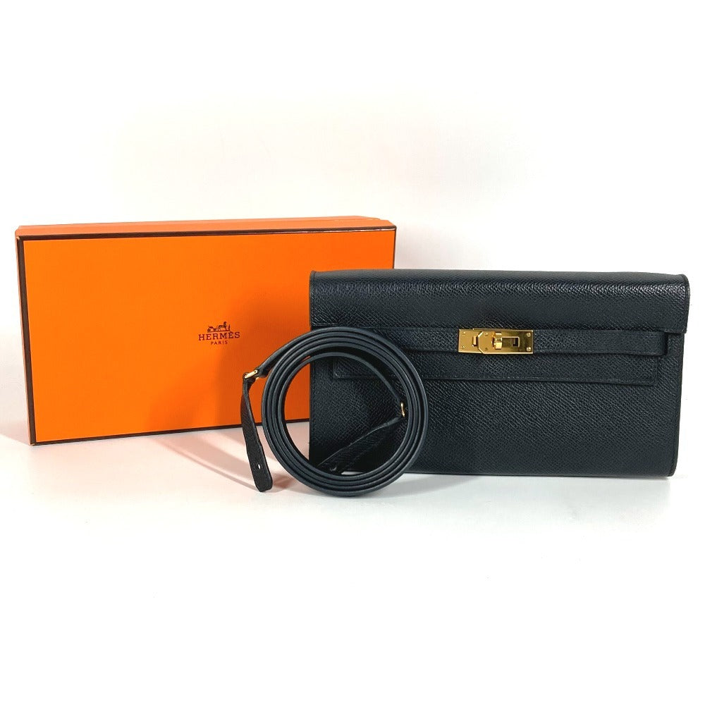 HERMES Shoulder Wallet Kelly Wallet Long To-Go Bag Shoulder Bag Pochette Long Wallet Epson Unisex Black