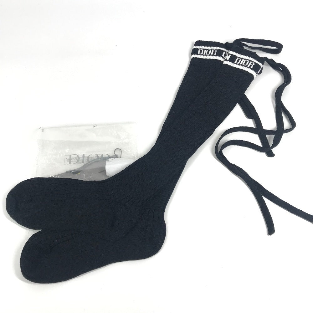 Dior Ribbon Logo Knee-High Socks, Two-Tone Cotton, Women's, Black