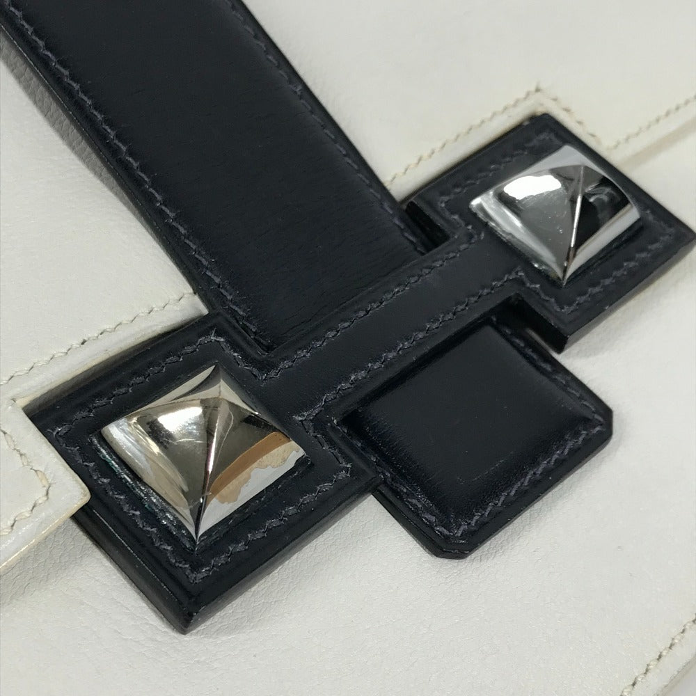 HERMES ヴィンテージ メドール ポーチ フラップ カバン クラッチバッグ レザー ユニセックス ホワイト×ネイビー
