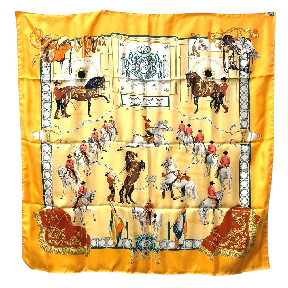 HERMES Real Escuela Andaluza Del Arte Ecuestre Royal Andalusian School of Equestrian Art Carre 90 Scarf Silk Unisex Orange