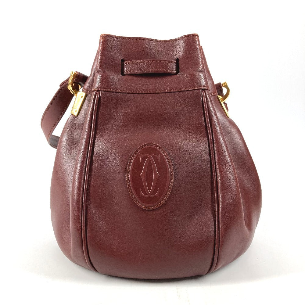 CARTIER Vintage Logo Must Line Bag Crossbody Drawstring Bag Shoulder Bag Leather Unisex Wine Red