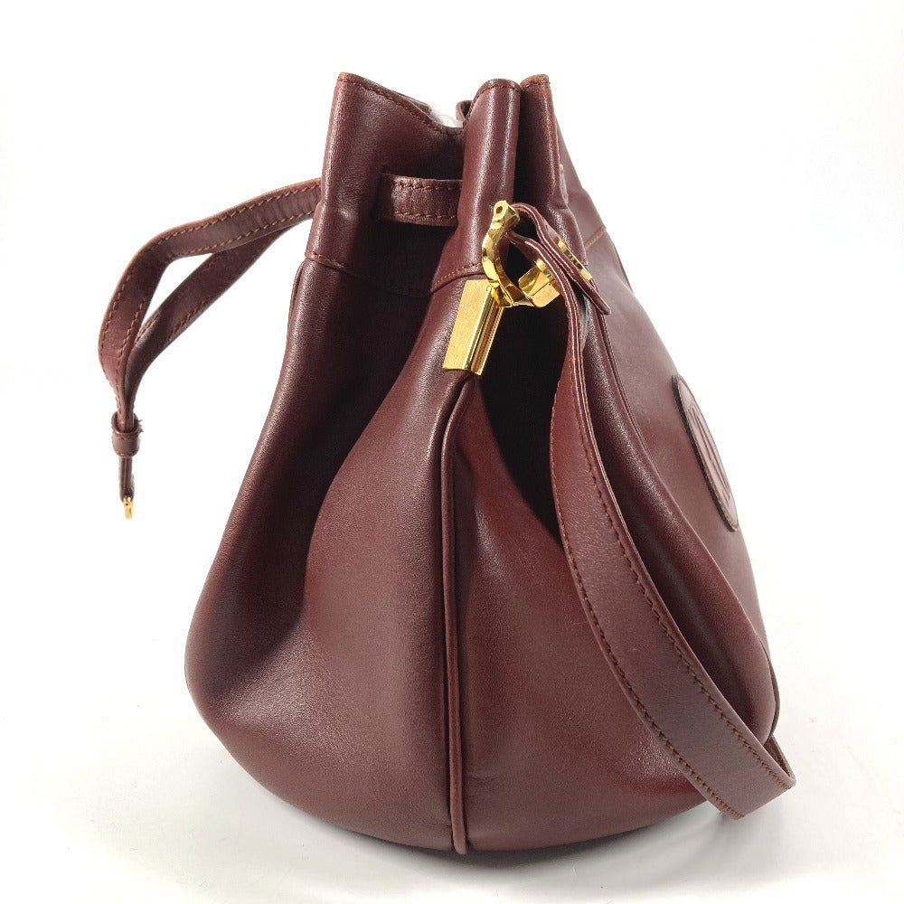 CARTIER Vintage Logo Must Line Bag Crossbody Drawstring Bag Shoulder Bag Leather Unisex Wine Red