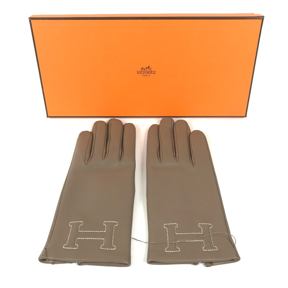 HERMES H202053G H Logo Gloves "Bastille" Accessories Gloves Leather Women's Etoupe Gray