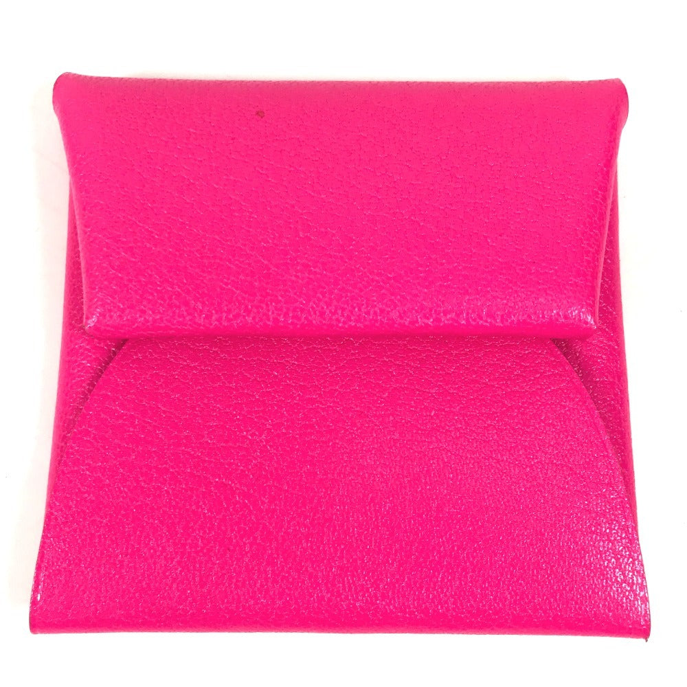 HERMES Bastia Wallet Coin Purse Square Silver Hardware Coin Case Leather Unisex Pink
