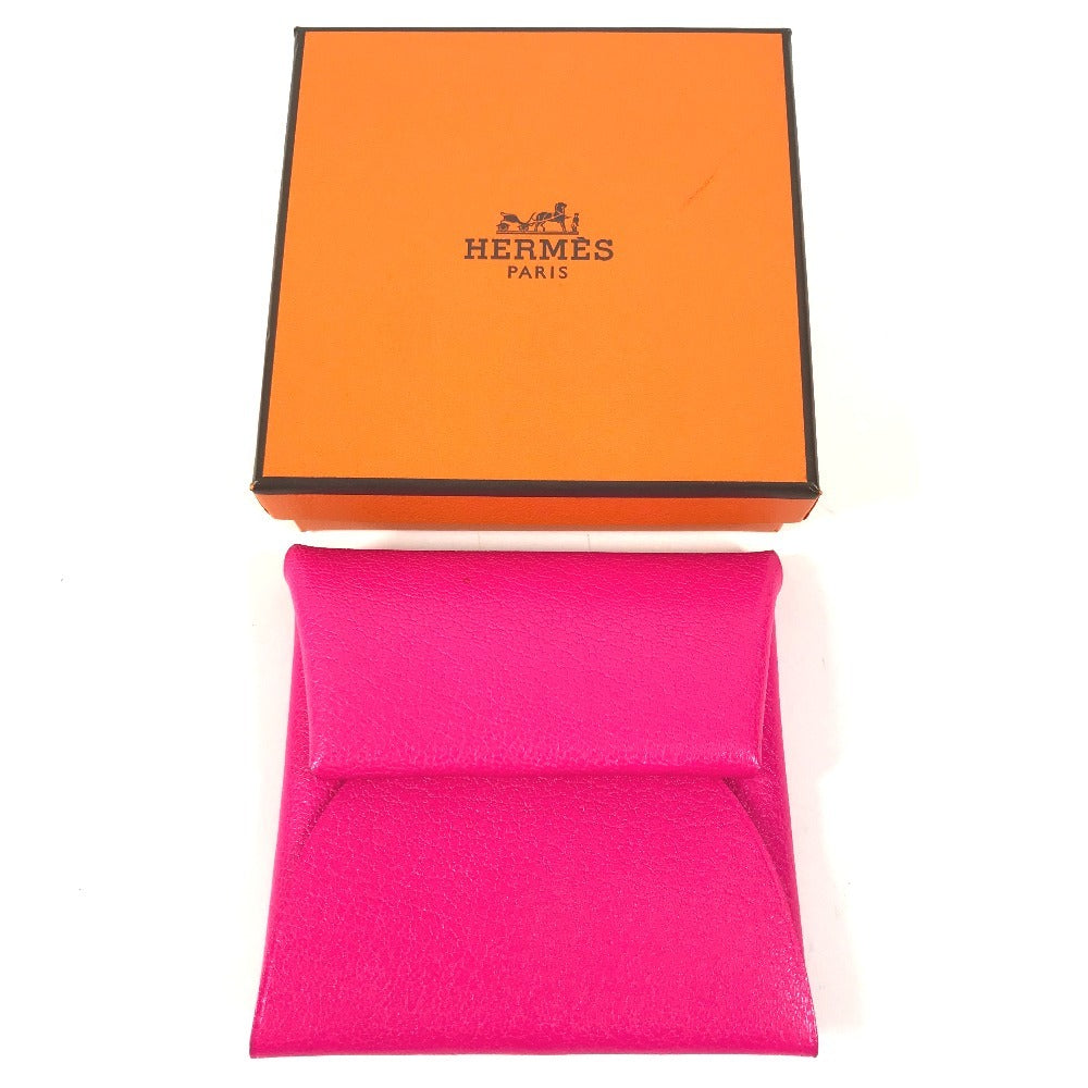 HERMES Bastia Wallet Coin Purse Square Silver Hardware Coin Case Leather Unisex Pink