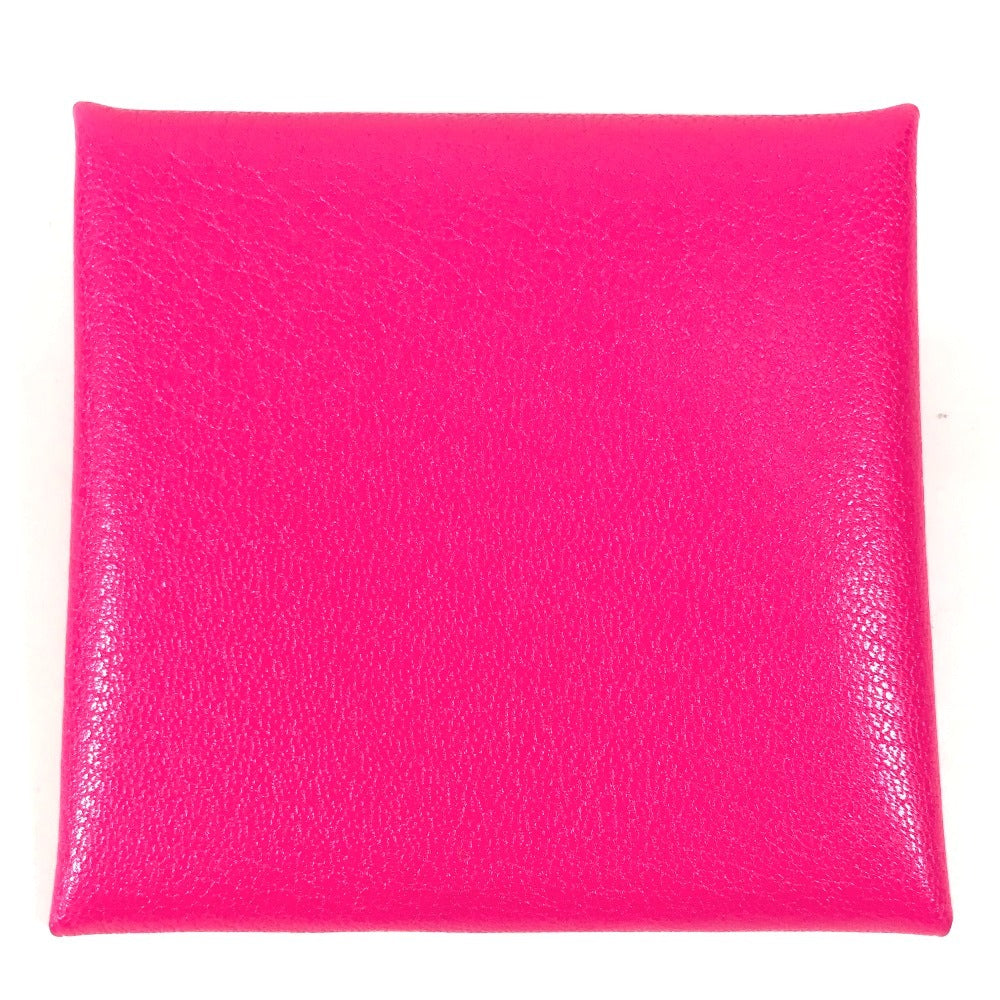 HERMES Bastia Wallet Coin Purse Square Silver Hardware Coin Case Leather Unisex Pink
