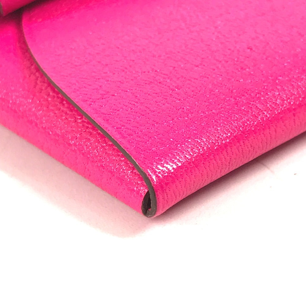 HERMES Bastia Wallet Coin Purse Square Silver Hardware Coin Case Leather Unisex Pink