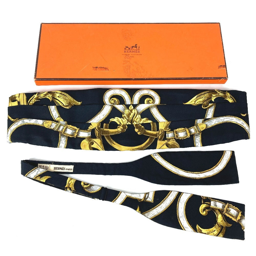 HERMES 総柄 カマーバンド＆蝶ネクタイ セット 2点 アクセサリー ネクタイ ベルト シルク メンズ ブラック