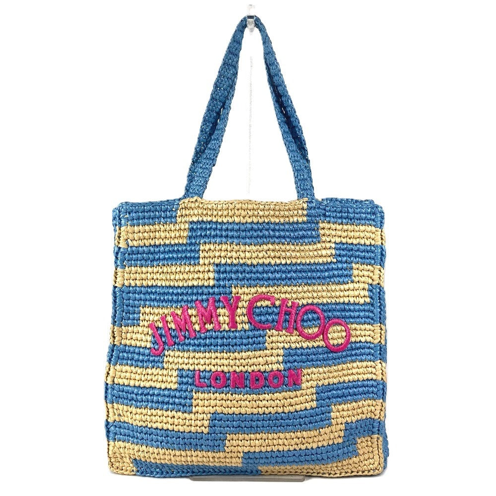 JIMMY CHOO Logo Border Beach Tote Bag Shoulder Bag Raffia Women's Blue