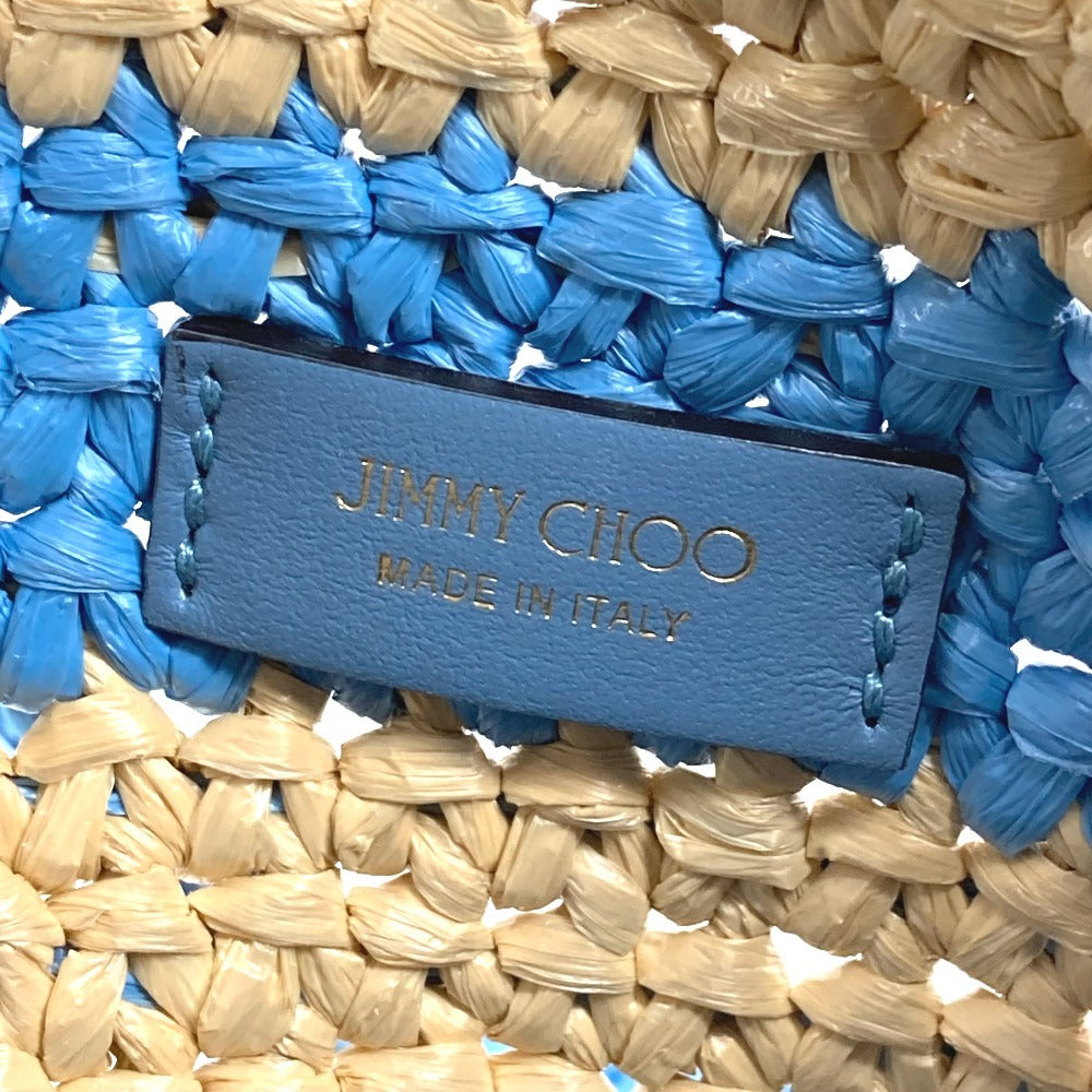 JIMMY CHOO Logo Border Beach Tote Bag Shoulder Bag Raffia Women's Blue
