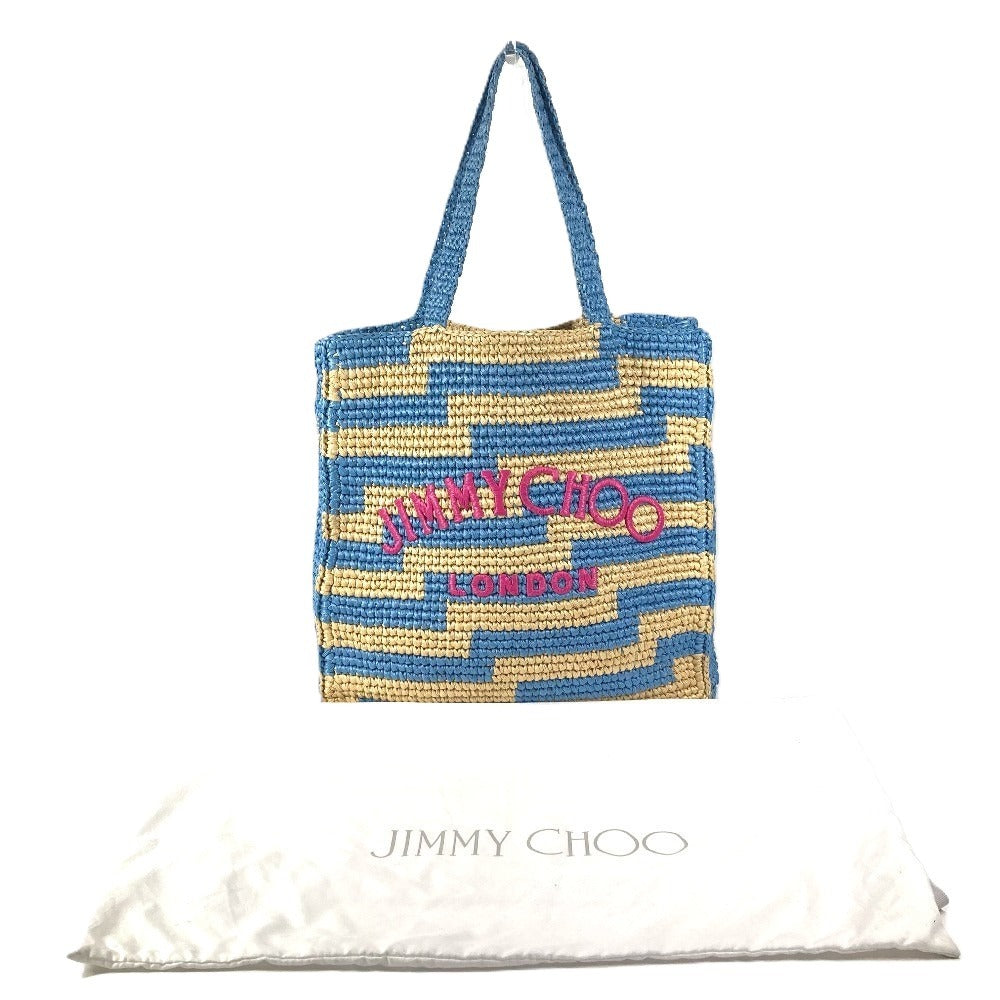 JIMMY CHOO Logo Border Beach Tote Bag Shoulder Bag Raffia Women's Blue