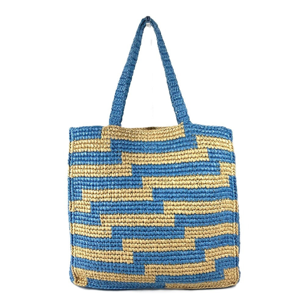 JIMMY CHOO Logo Border Beach Tote Bag Shoulder Bag Raffia Women's Blue