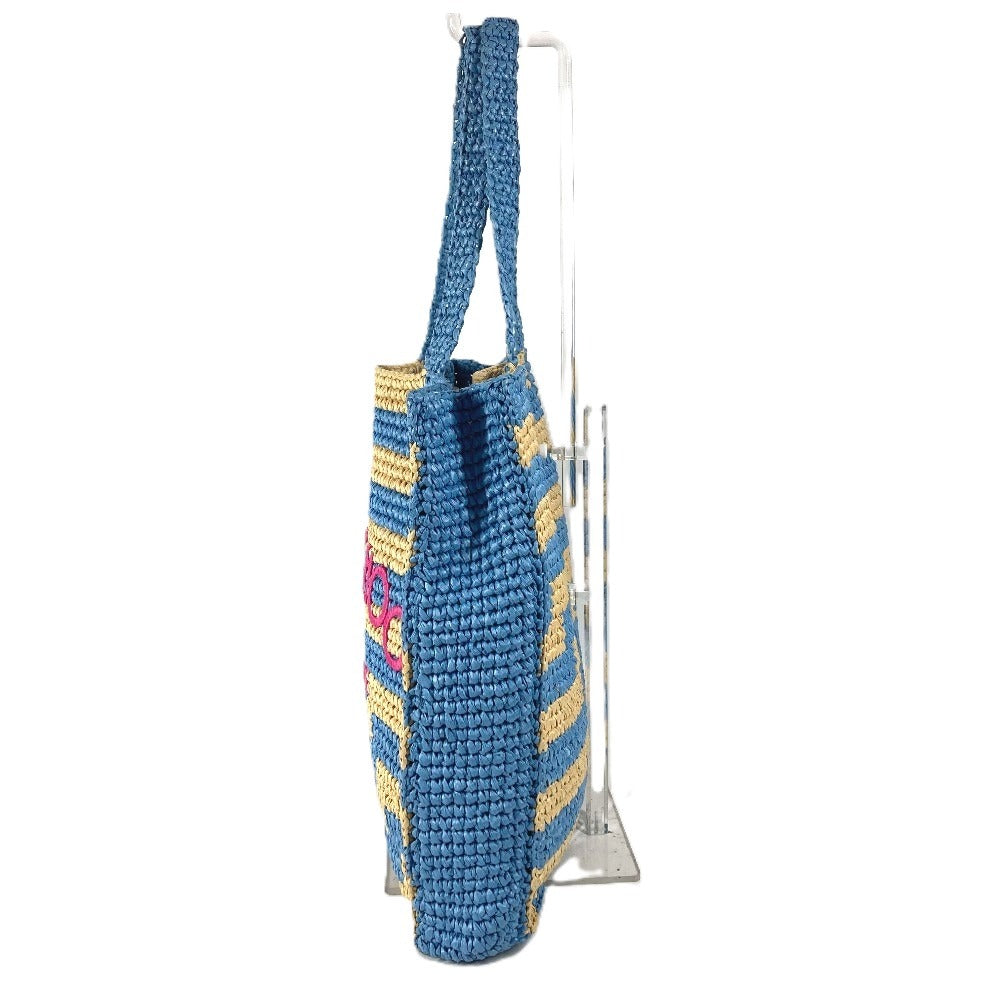 JIMMY CHOO Logo Border Beach Tote Bag Shoulder Bag Raffia Women's Blue