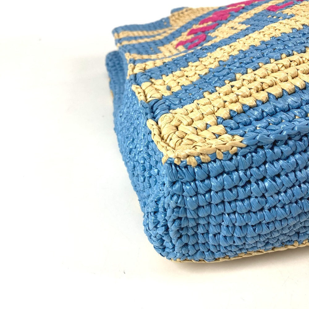 JIMMY CHOO Logo Border Beach Tote Bag Shoulder Bag Raffia Women's Blue