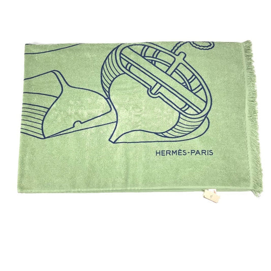 HERMES DRAP DE PLAGE YACHTING THALASSA ヨッティング プラージュ テレサ バスタオル インテリア ひざかけ ブランケット フリンジ タオル コットン ユニセックス グリーン