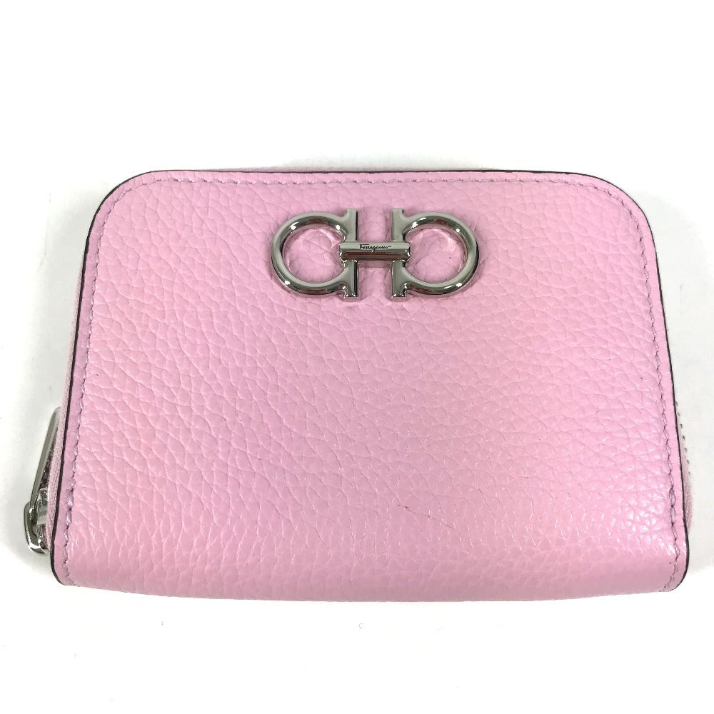 Salvatore Ferragamo Coin Purse Gancini Logo Wallet Compact Wallet Round Zipper Coin Case Leather Unisex Pink
