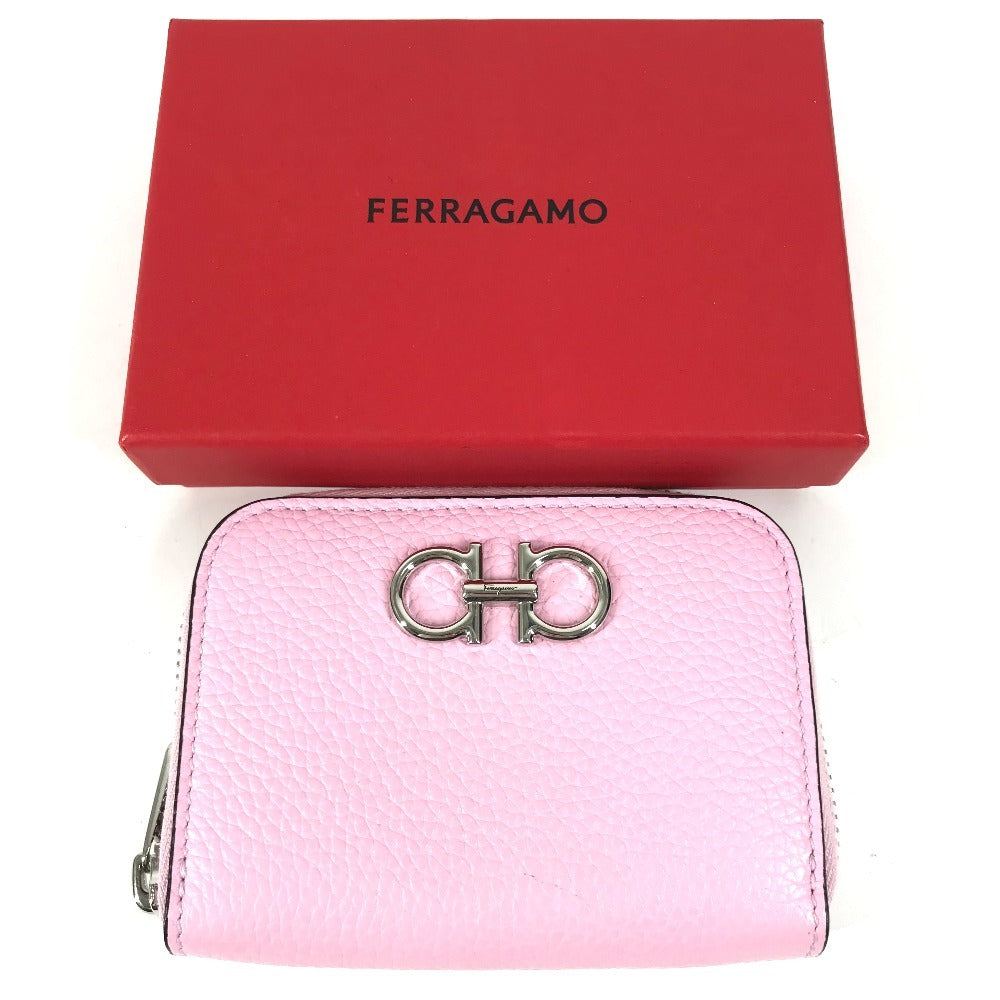 Salvatore Ferragamo Coin Purse Gancini Logo Wallet Compact Wallet Round Zipper Coin Case Leather Unisex Pink