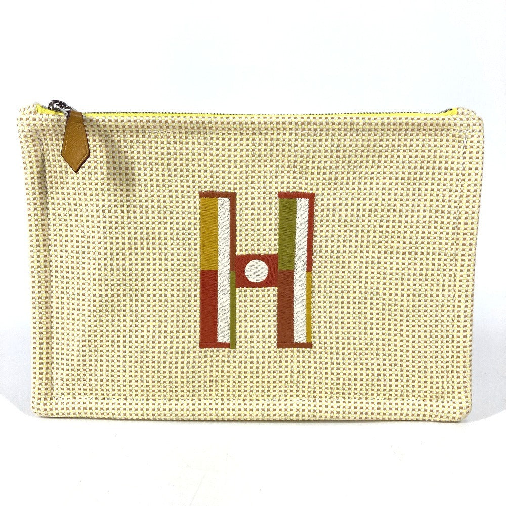 HERMES Flat Pouch embroidered with "Faubourg Corner" PM makeup pouch toiletry bag second bag clutch bag pouch cotton unisex citron / ochre yellow