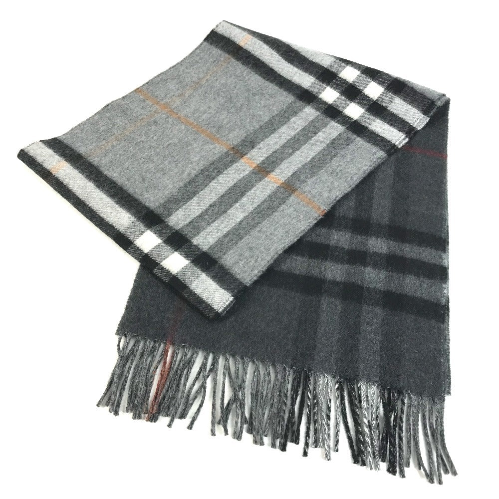 BURBERRY 8059277 コントラストチェック ロゴ フリンジ マフラー カシミヤ ユニセックス グレー