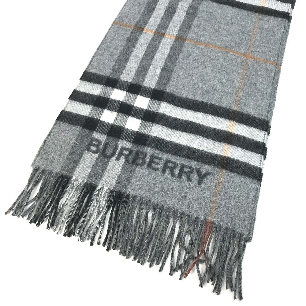 BURBERRY 8059277 コントラストチェック ロゴ フリンジ マフラー カシミヤ ユニセックス グレー