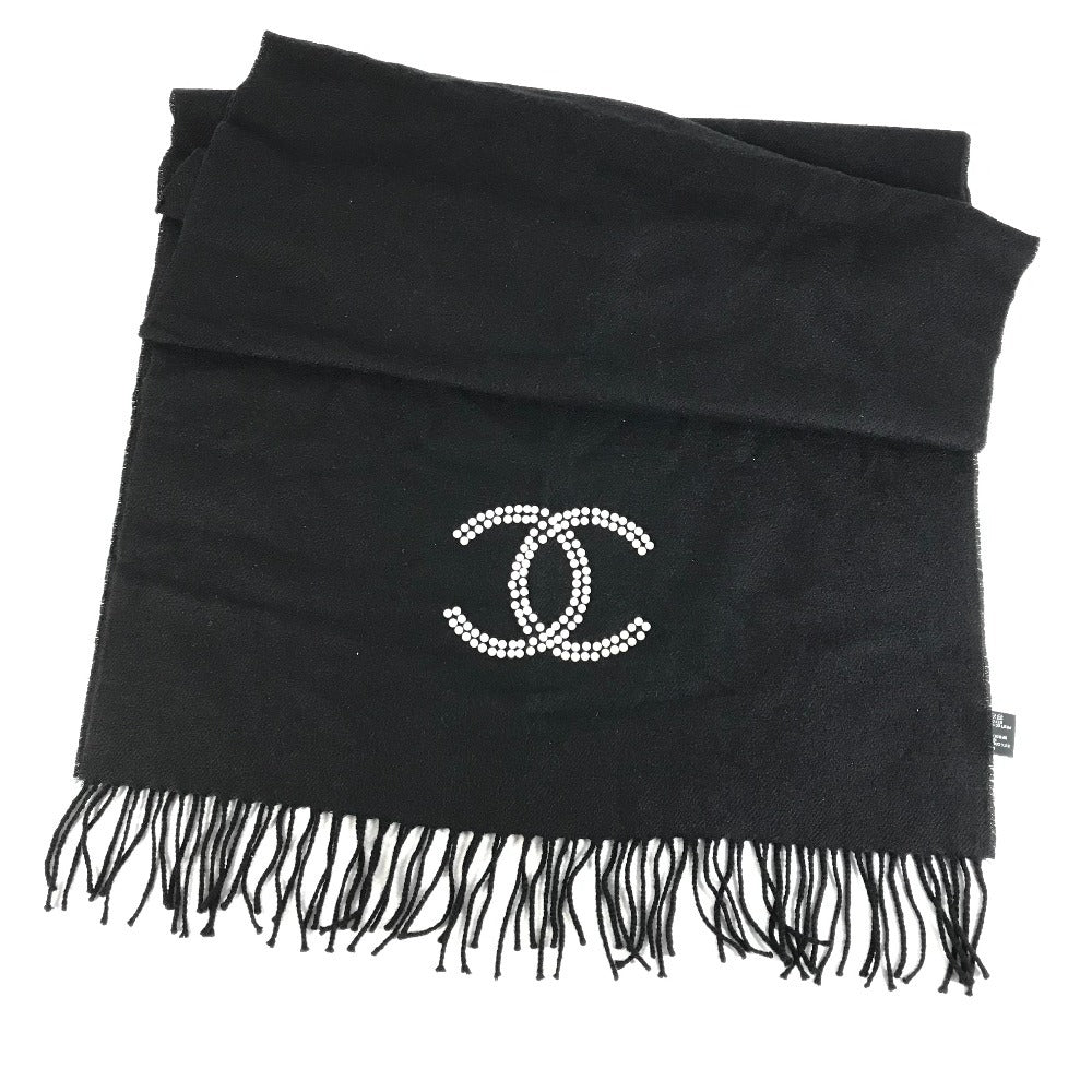 CHANEL 23S Faux Pearl Fringe Scarf Cashmere Unisex Black