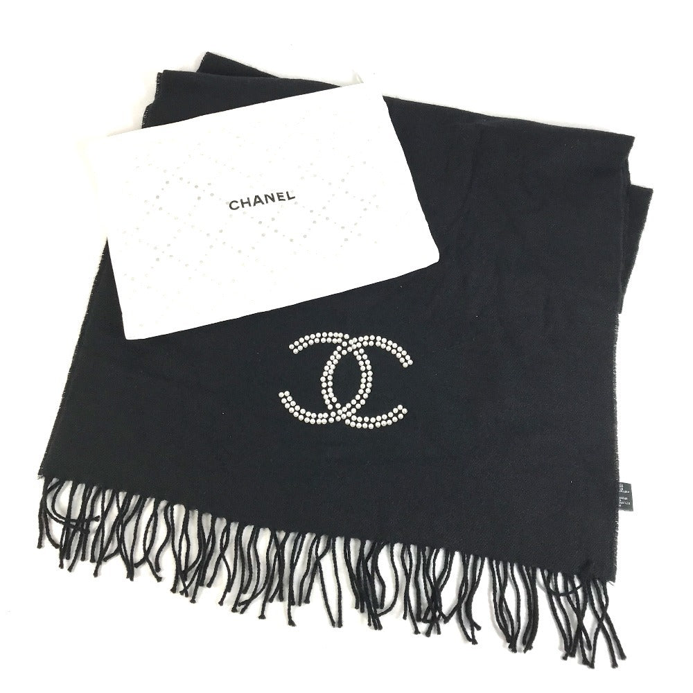 CHANEL 23S Faux Pearl Fringe Scarf Cashmere Unisex Black