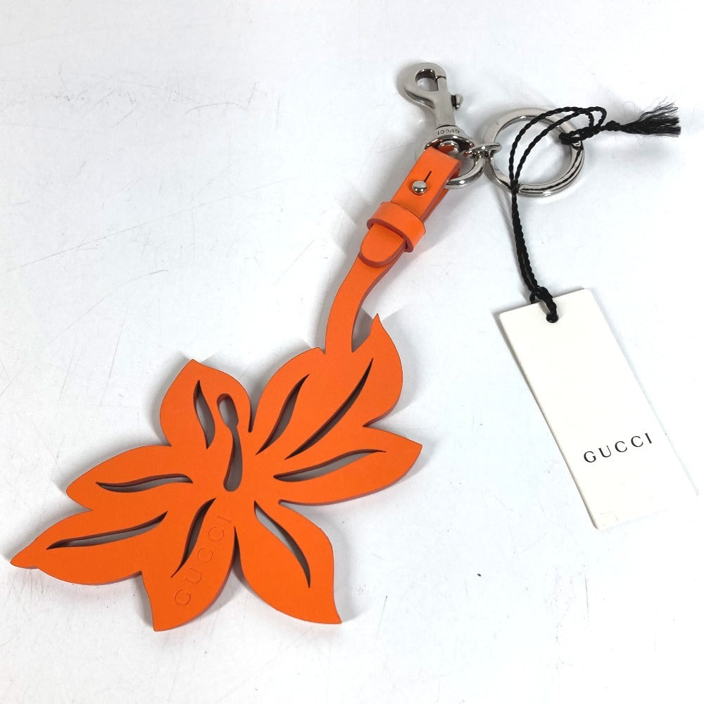 GUCCI 822098 Flower Bag Charm Key Holder Leather Unisex Orange