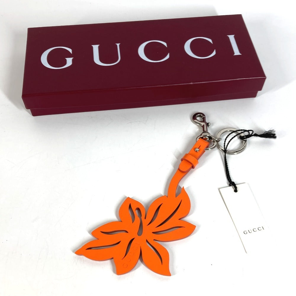 GUCCI 822098 Flower Bag Charm Key Holder Leather Unisex Orange