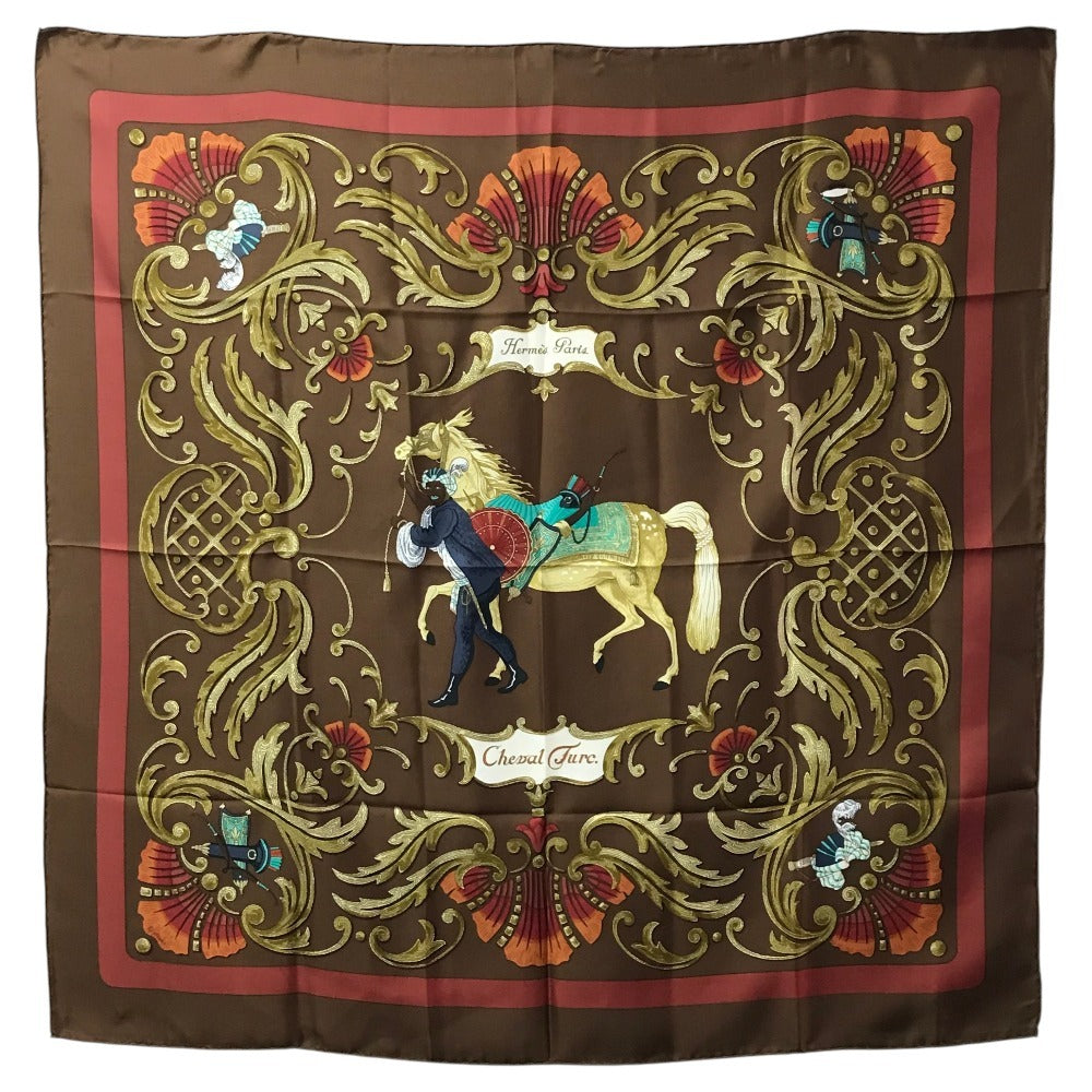 HERMES Cheval Turc Turkish Horse Carre 90 Scarf Silk Unisex Brown