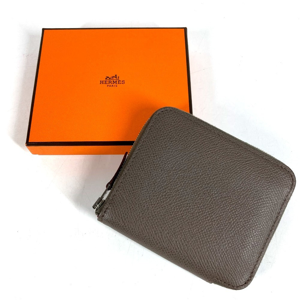 HERMES Azap Compact Silk'in Wallet Coin Purse Wallet Round Zipper Coin Case Epsom Unisex Etan Gray