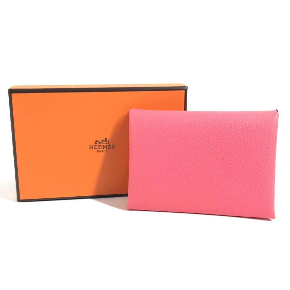 HERMES Business Card Holder Pass Case Calvi Duo Calvi Duo Card Case Coin Compartment coin purse Folded wallet Epsom Rose azare pink Used
