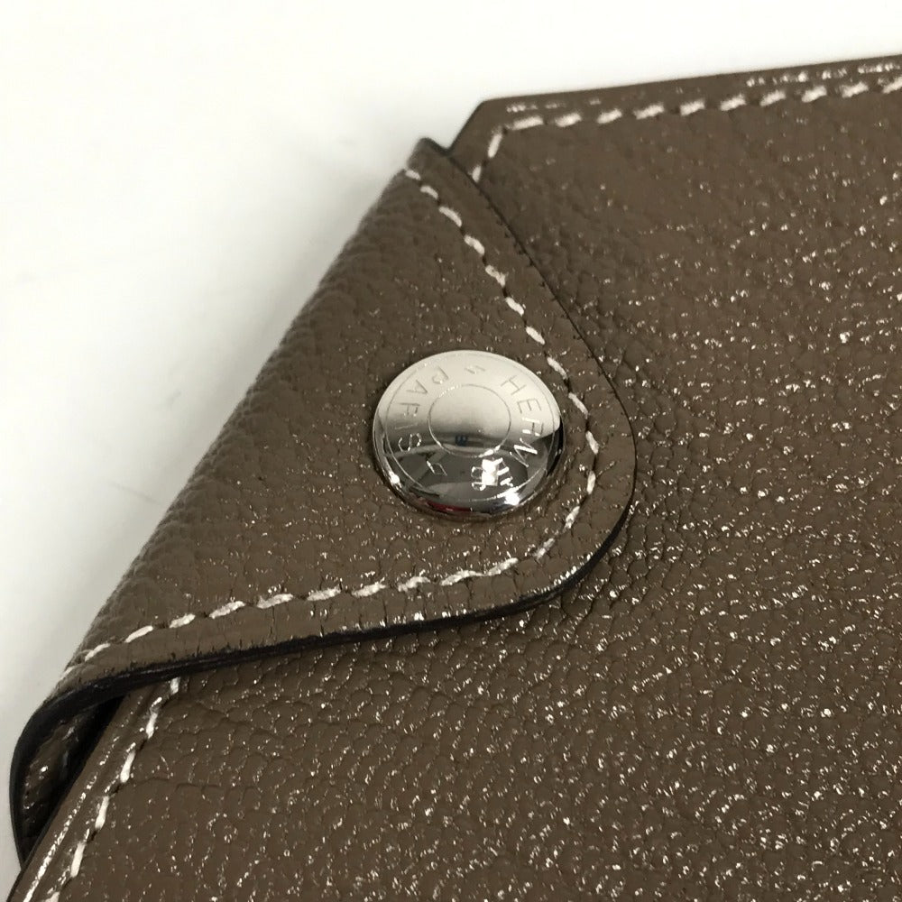 HERMES Bill Compartment Wallet Compact Wallet Clochette Clochette Card Case Pass Case Folded wallet Chevre Etoupe gray Used