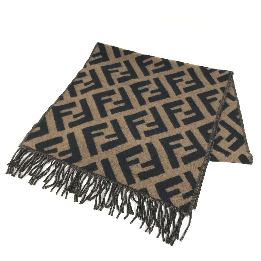 FENDI FXT260 Zucca logo fringe Stole/Shawl (winter clothing) Scarf Cashmere Brown/Black Used