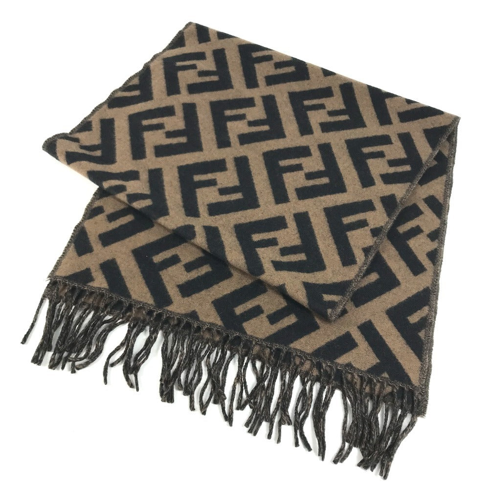 FENDI FXT260 Zucca logo fringe Stole/Shawl (winter clothing) Scarf Cashmere Brown/Black Used