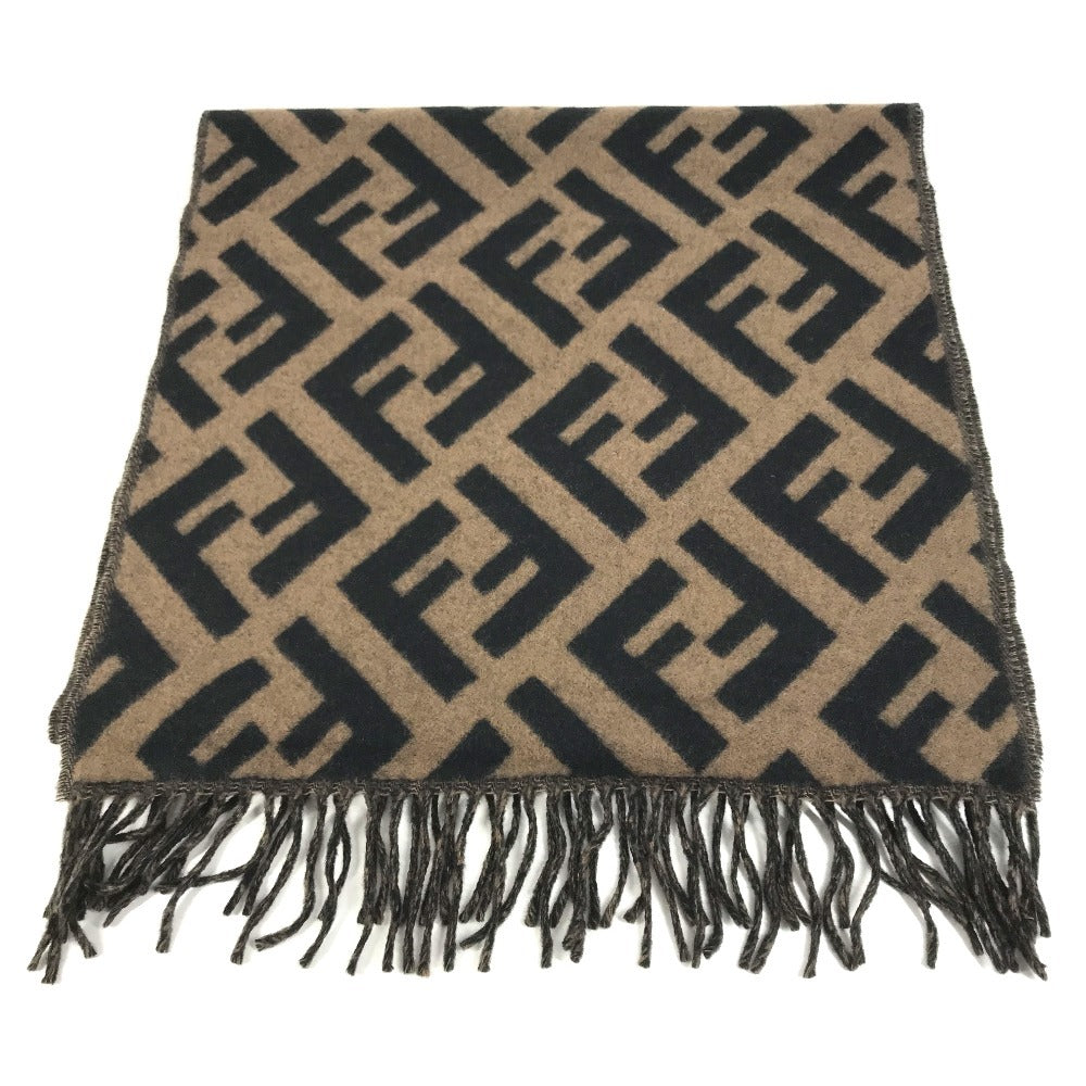 FENDI FXT260 Zucca logo fringe Stole/Shawl (winter clothing) Scarf Cashmere Brown/Black Used