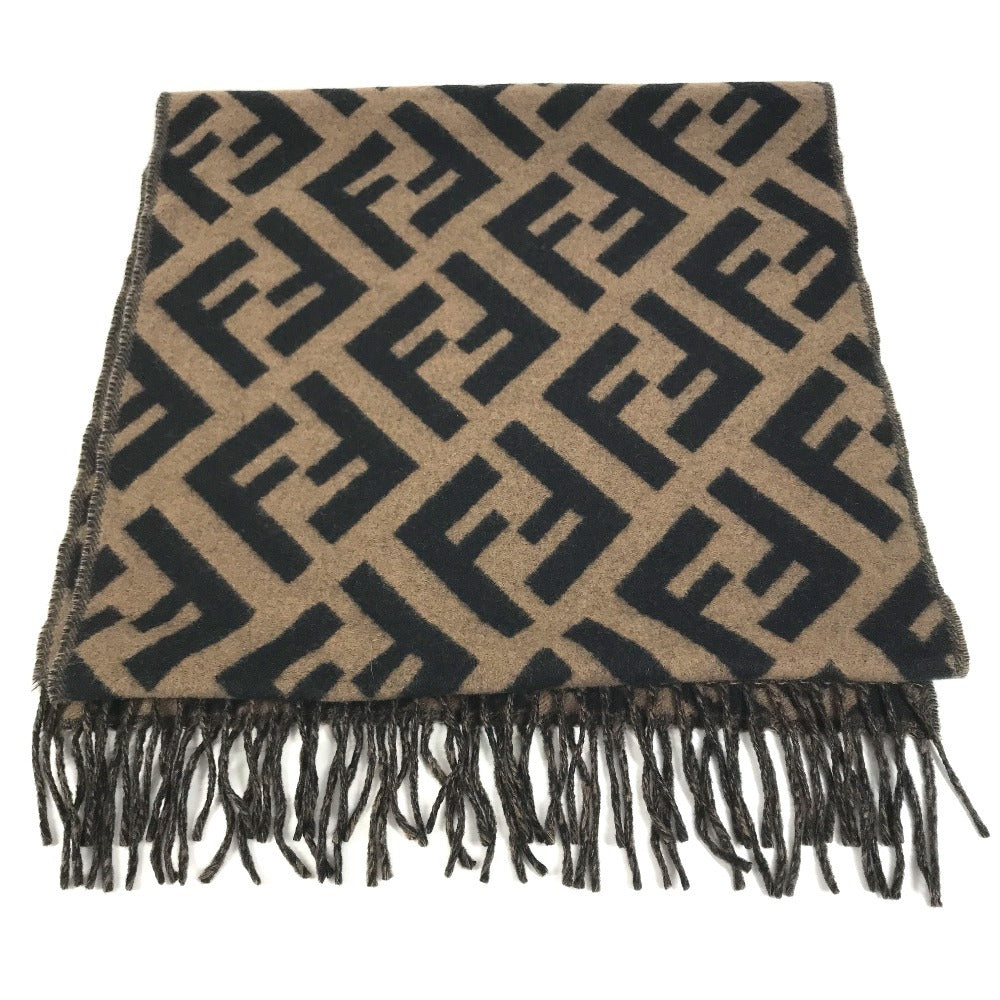 FENDI FXT260 Zucca logo fringe Stole/Shawl (winter clothing) Scarf Cashmere Brown/Black Used