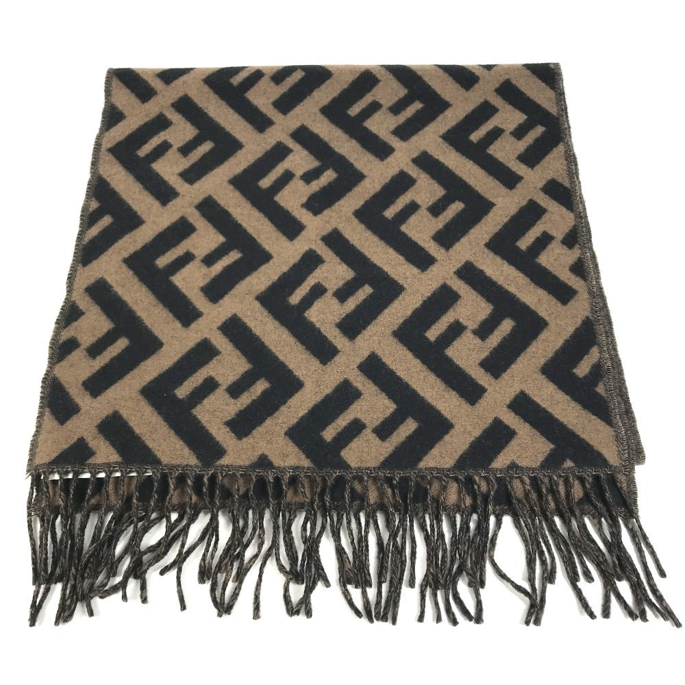 FENDI FXT260 Zucca logo fringe Stole/Shawl (winter clothing) Scarf Cashmere Brown/Black Used