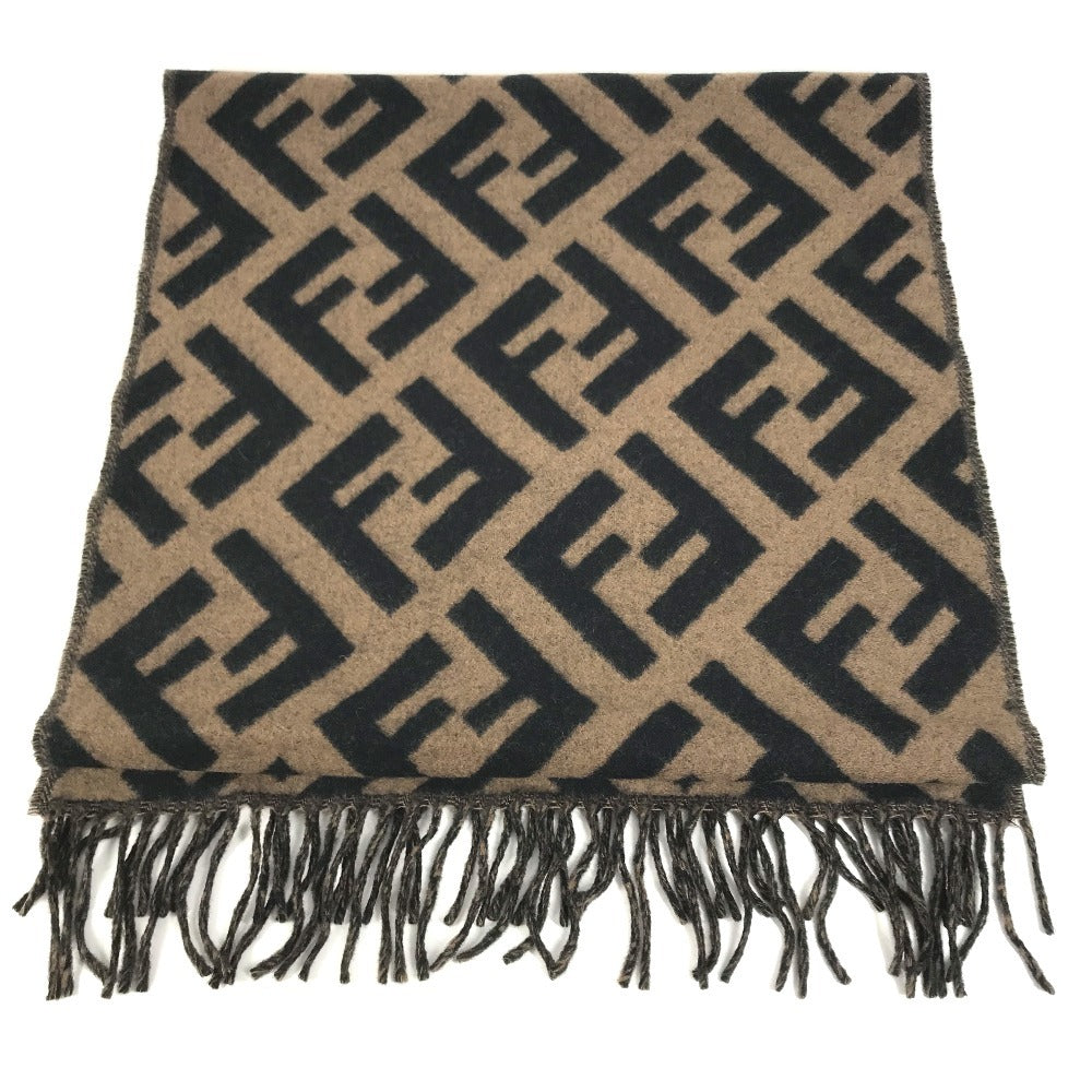 FENDI FXT260 Zucca logo fringe Stole/Shawl (winter clothing) Scarf Cashmere Brown/Black Used