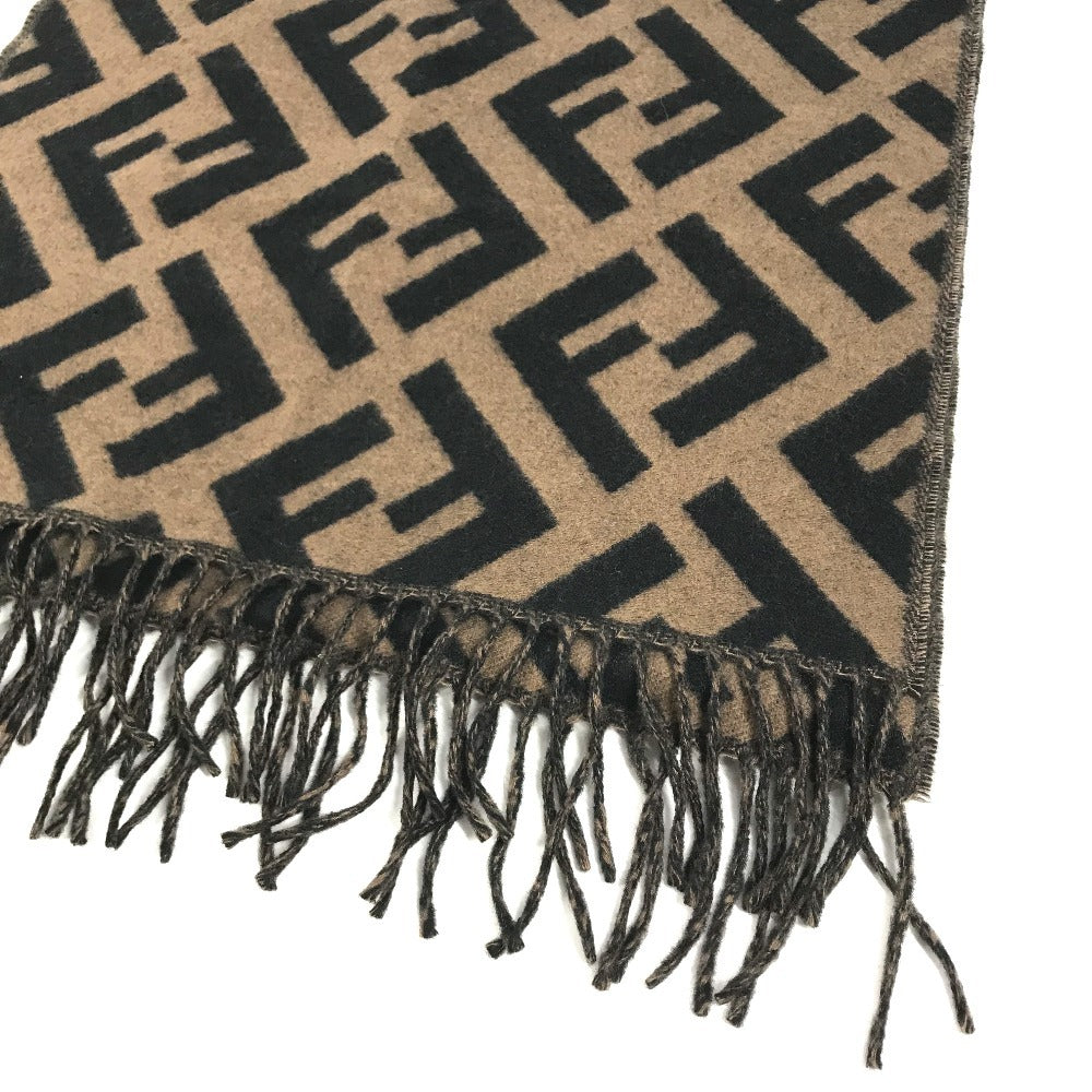 FENDI FXT260 Zucca logo fringe Stole/Shawl (winter clothing) Scarf Cashmere Brown/Black Used