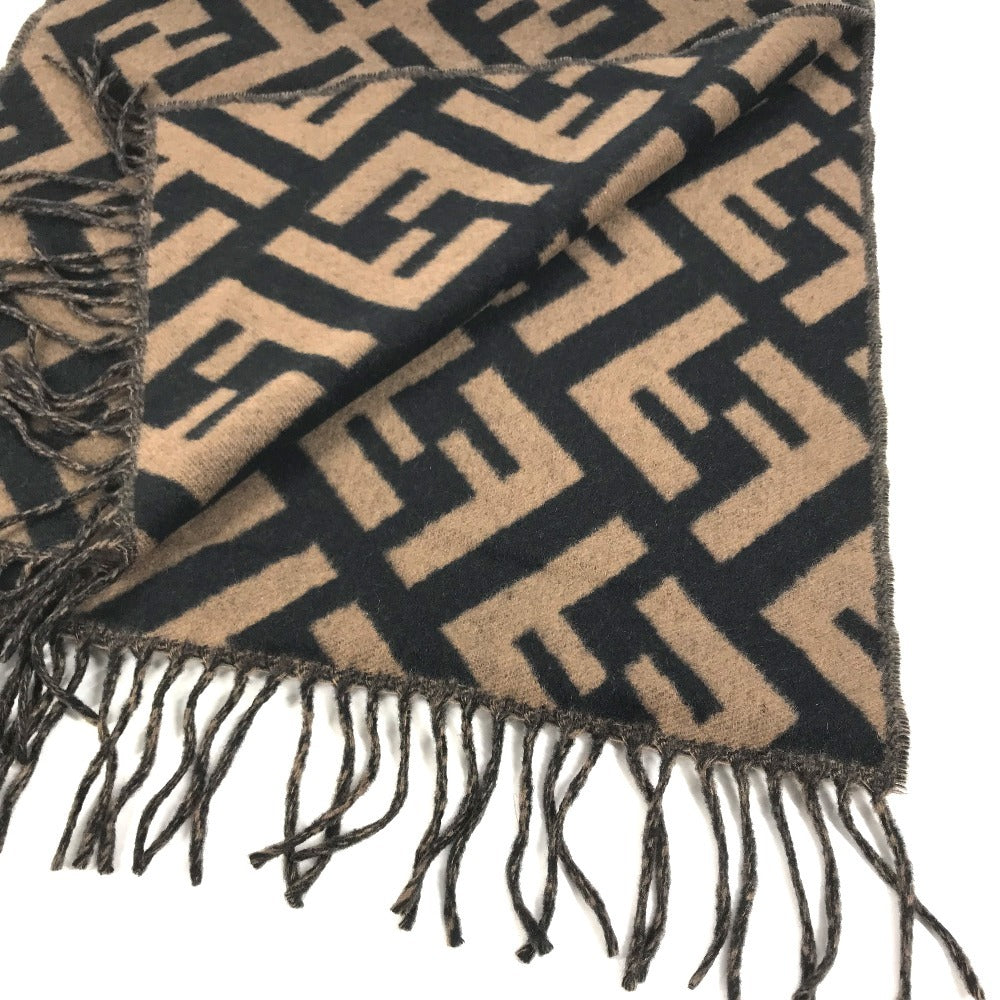 FENDI FXT260 Zucca logo fringe Stole/Shawl (winter clothing) Scarf Cashmere Brown/Black Used