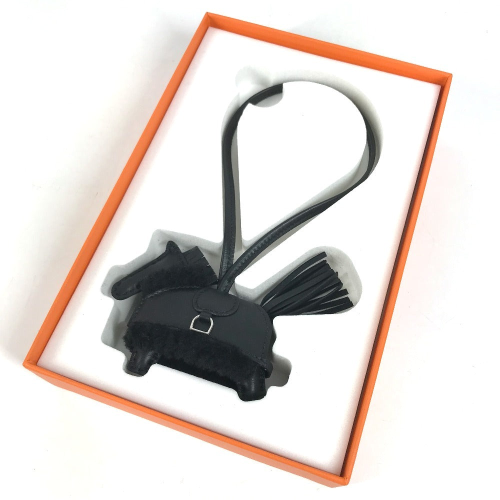 HERMES horse cheval Rodeo Robeo Brush PM Bag Charm Key Holder - All Black charm Leather / Mouton So Black Black Used