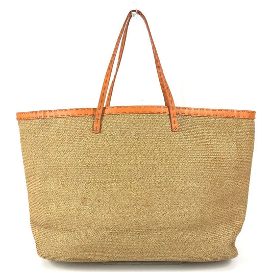 FENDI Beach bag Selleria logo Bag Tote Bag Shoulder Bag Shoulder Bag Raffia / Leather Beige/Orange Used