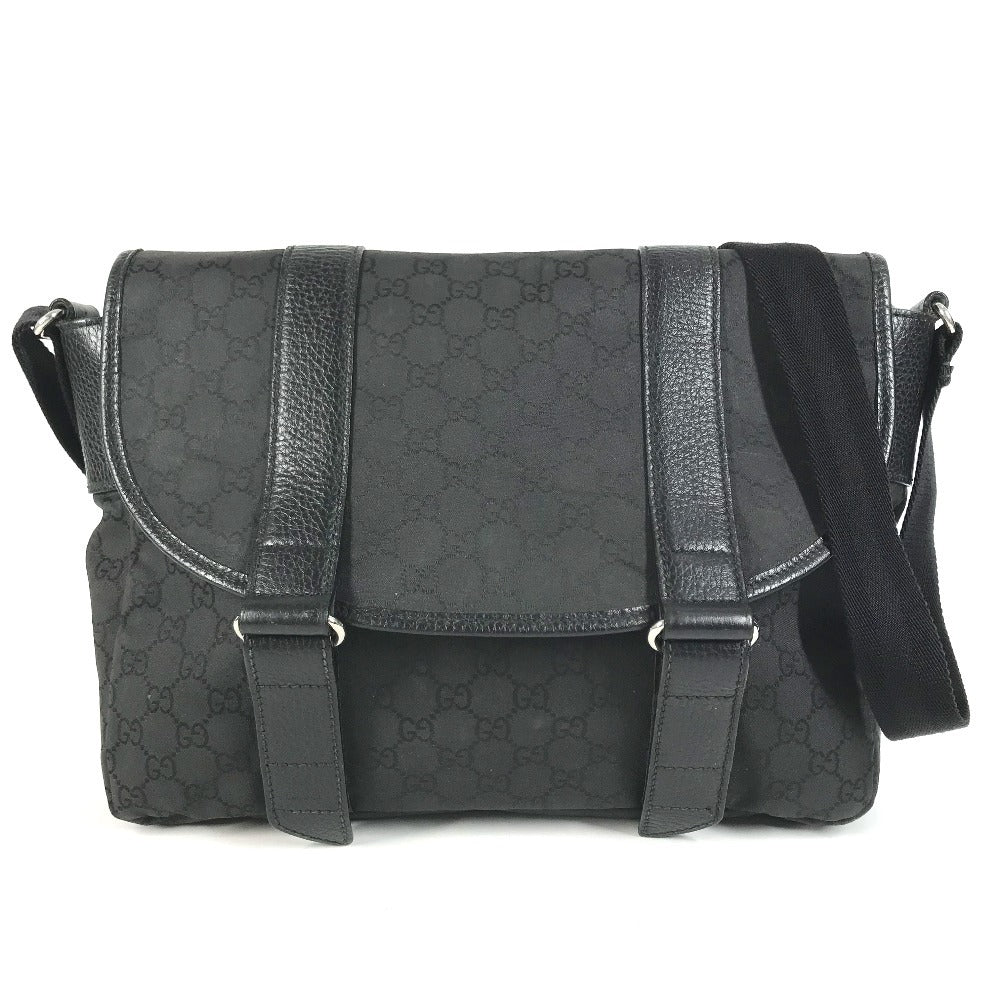 GUCCI 374423 Logo GG Crossbody Flap Pochette Shoulder Bag Nylon / Leather Black Used