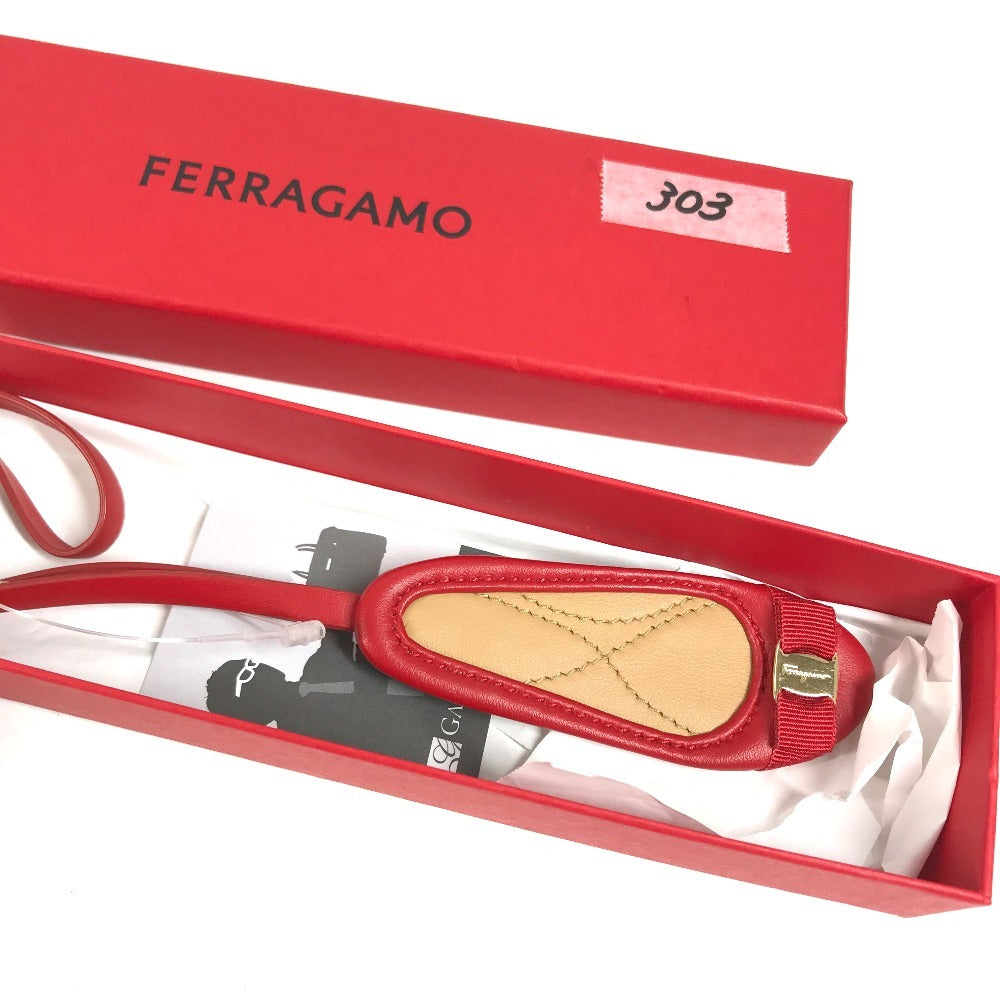 Salvatore Ferragamo 221051 Ballet shoes Varina Charm Vara Ribbon Logo Bag Charm Key Holder charm Leather Frame Red Red Used