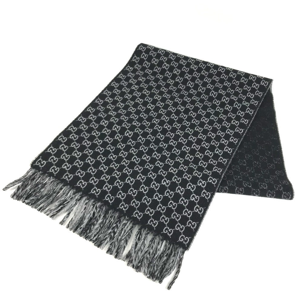 GUCCI 852038 GG logo fringe Stole/Shawl (winter clothing) Scarf Wool / Cashmere Black/gray Used